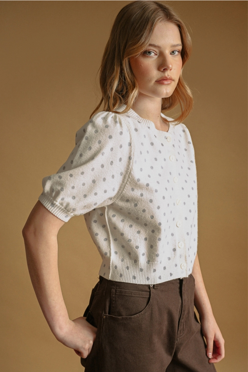 Polka Dot Printed Short Sleeve Button Front Cardigan – Edie Boutique
