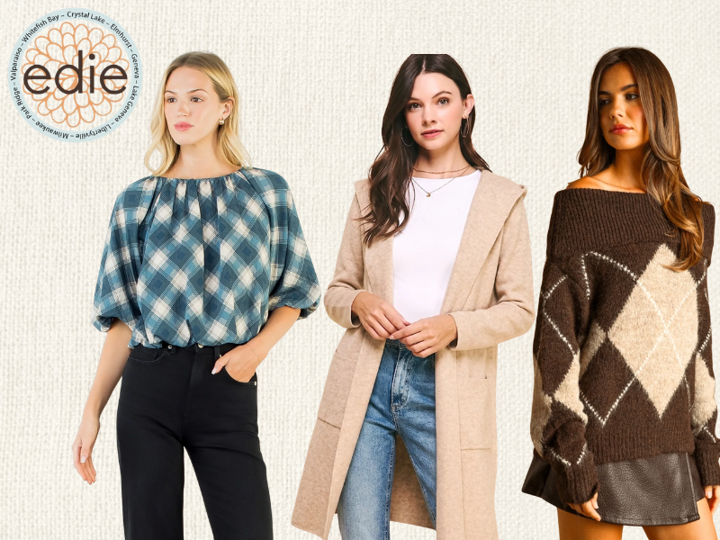 3 women wearing cute fall outfits from edie pose