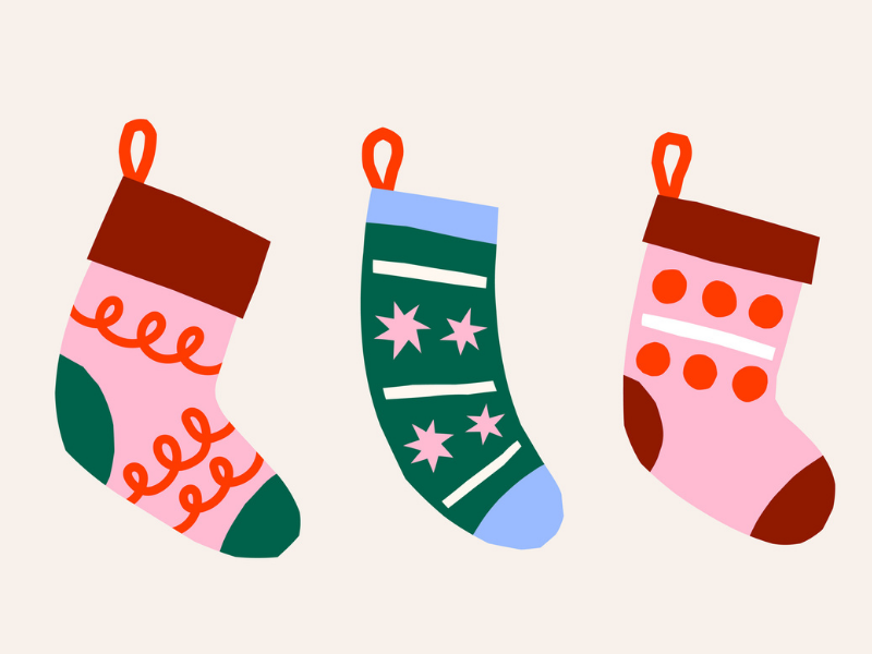 A graphic of three pink, green, and red Christmas stockings