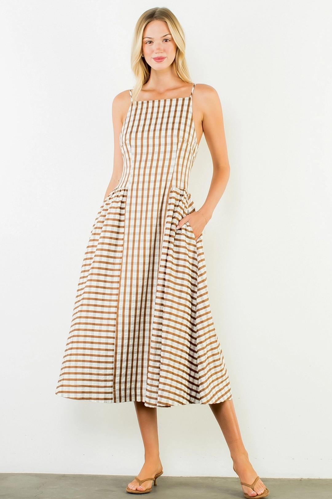 Gingham Maxi Dress, Brown Large