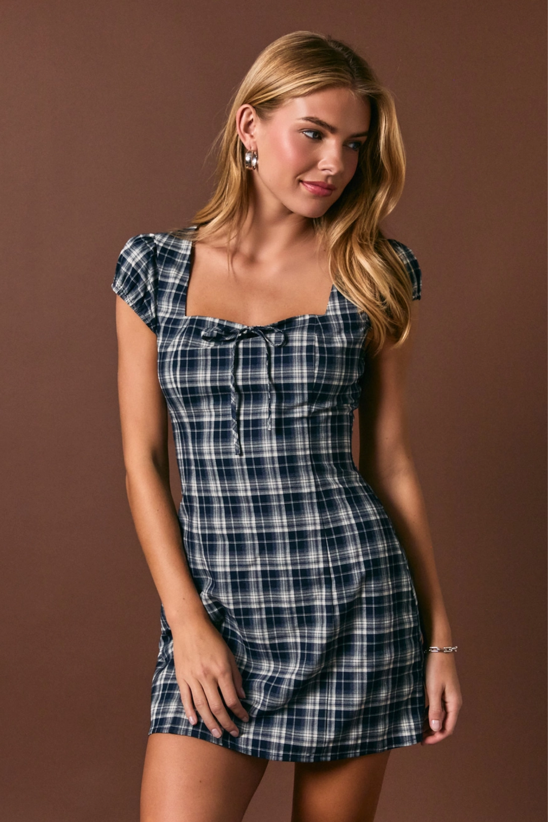 Cap Sleeve Plaid Mini Dress Navy