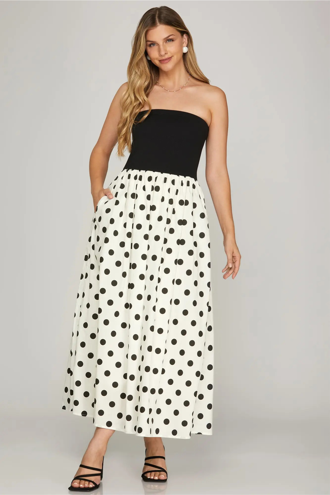 knee length dresses for ladies Strapless Polka Dot Midi Dress - She + Sky