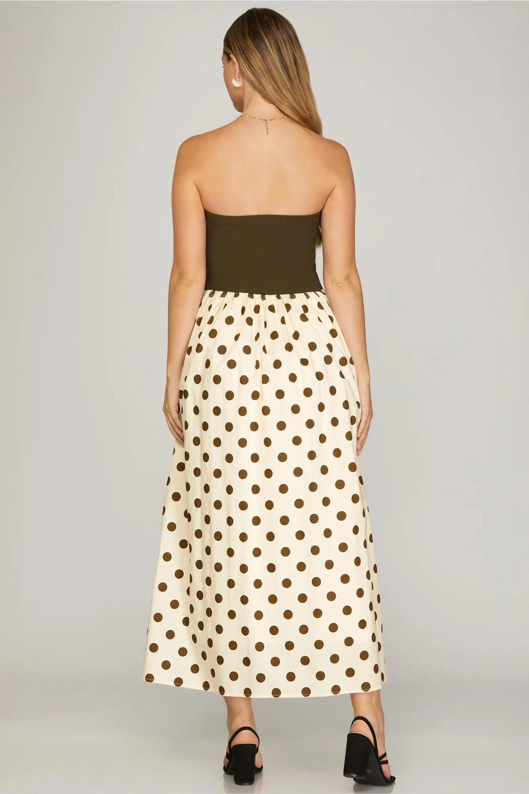 Strapless Polka Dot Midi Dress Brown Edie Boutique Strapless Polka Dot Midi Dress Brown Edie Boutique