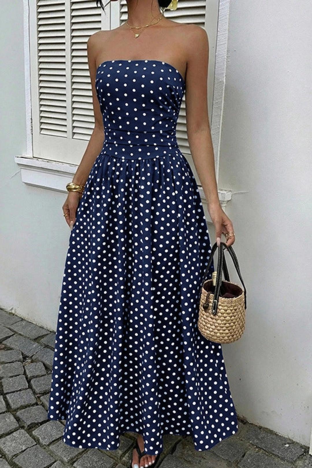 womens navy blue polka dot dress Ruffle Neck Midi Dress-Navy Polka Dot L
