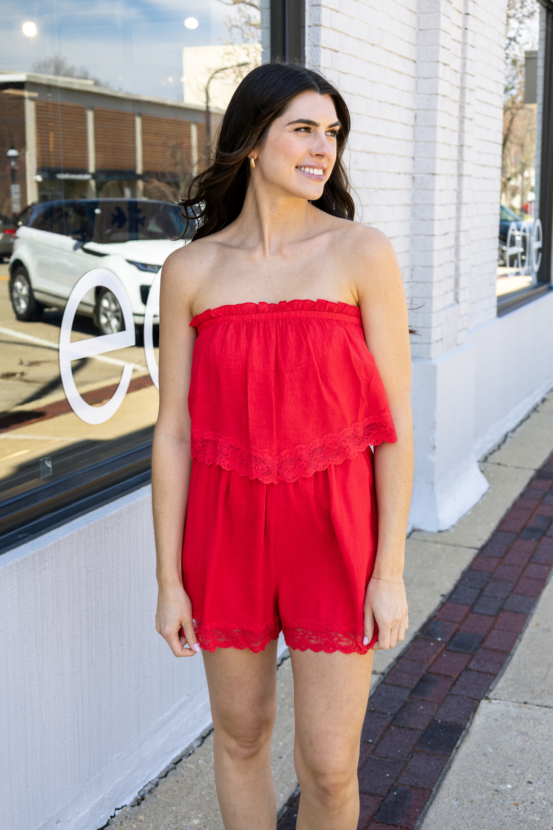 Strapless Lace Trim Romper  Edie Boutique